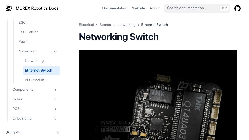 Screenshot of docs.murexrobotics.com: Show HN: We made a small and cheap network switch