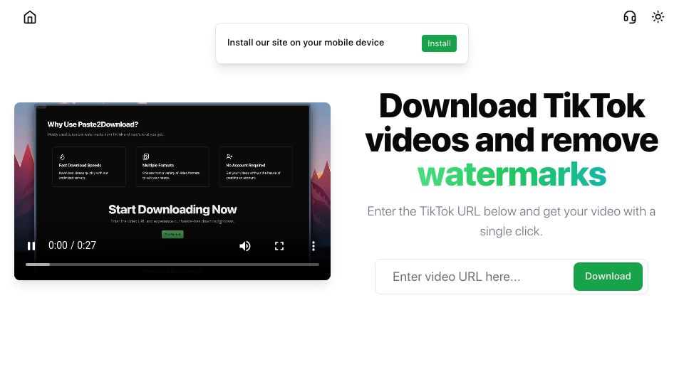 Screenshot of paste2download.com: Show HN: Paste2Download – No Login, No Ads, Download Videos Watermark Free