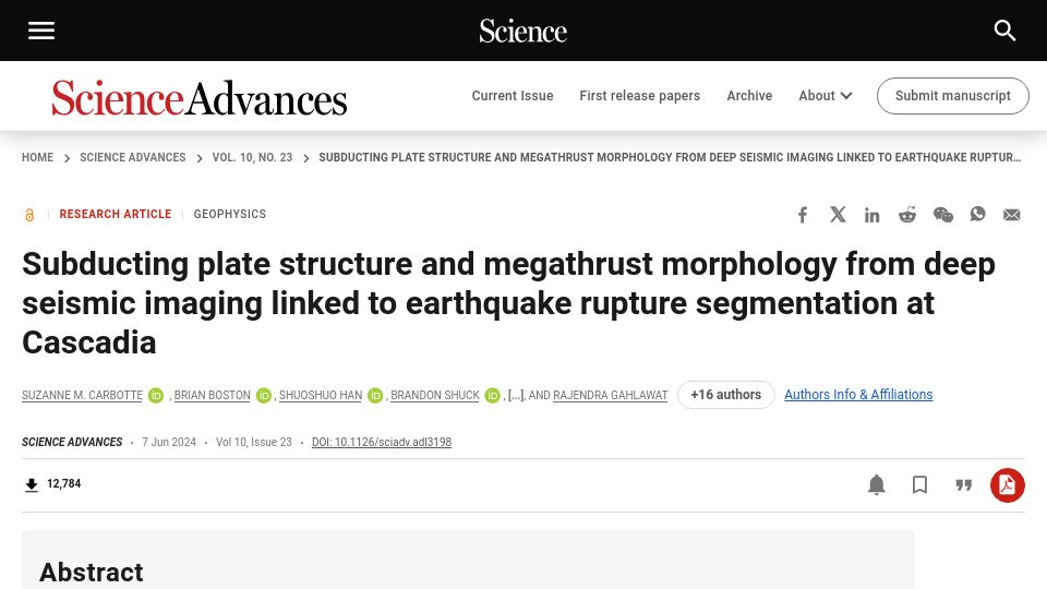 Screenshot of science.org: Subducting plate structure and megathrust morphology at Cascadia