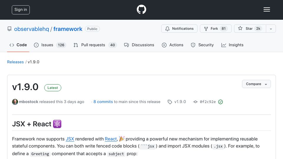Screenshot of github.com: Observable Framework 1.9