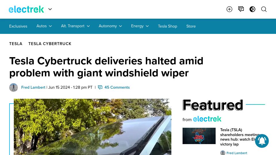 Screenshot of electrek.co: Tesla Cybertruck deliveries halted amid problem with giant windshield wiper