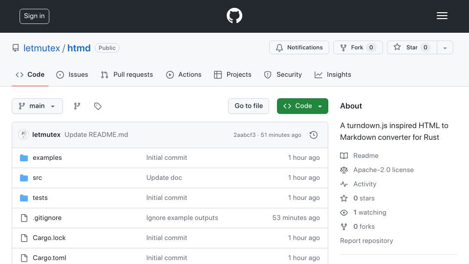 Screenshot of github.com: Htmd: A turndown.js inspired HTML-to-Markdown converter for Rust