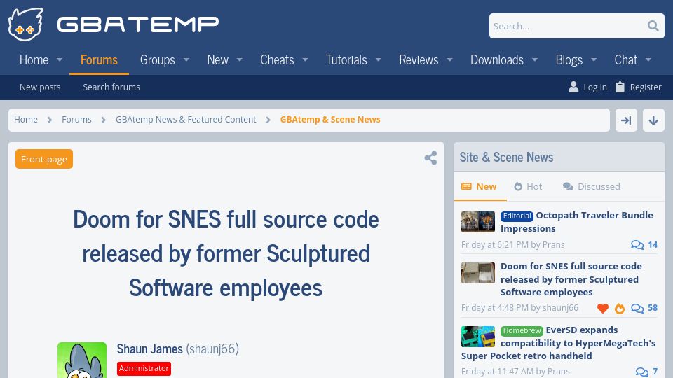 Screenshot of gbatemp.net: Doom for SNES full source code released by former Sculptured Software employee