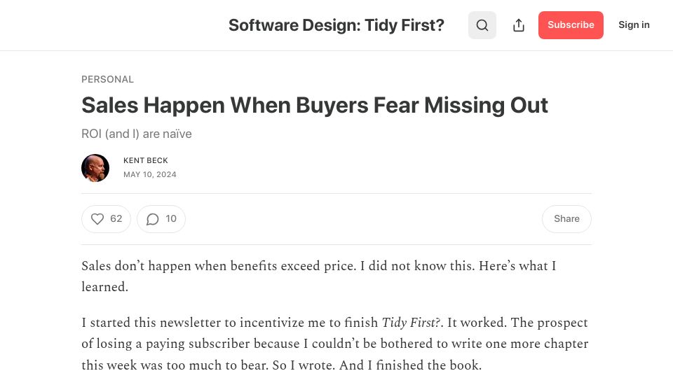 Screenshot of tidyfirst.substack.com: Sales happen when buyers fear missing out