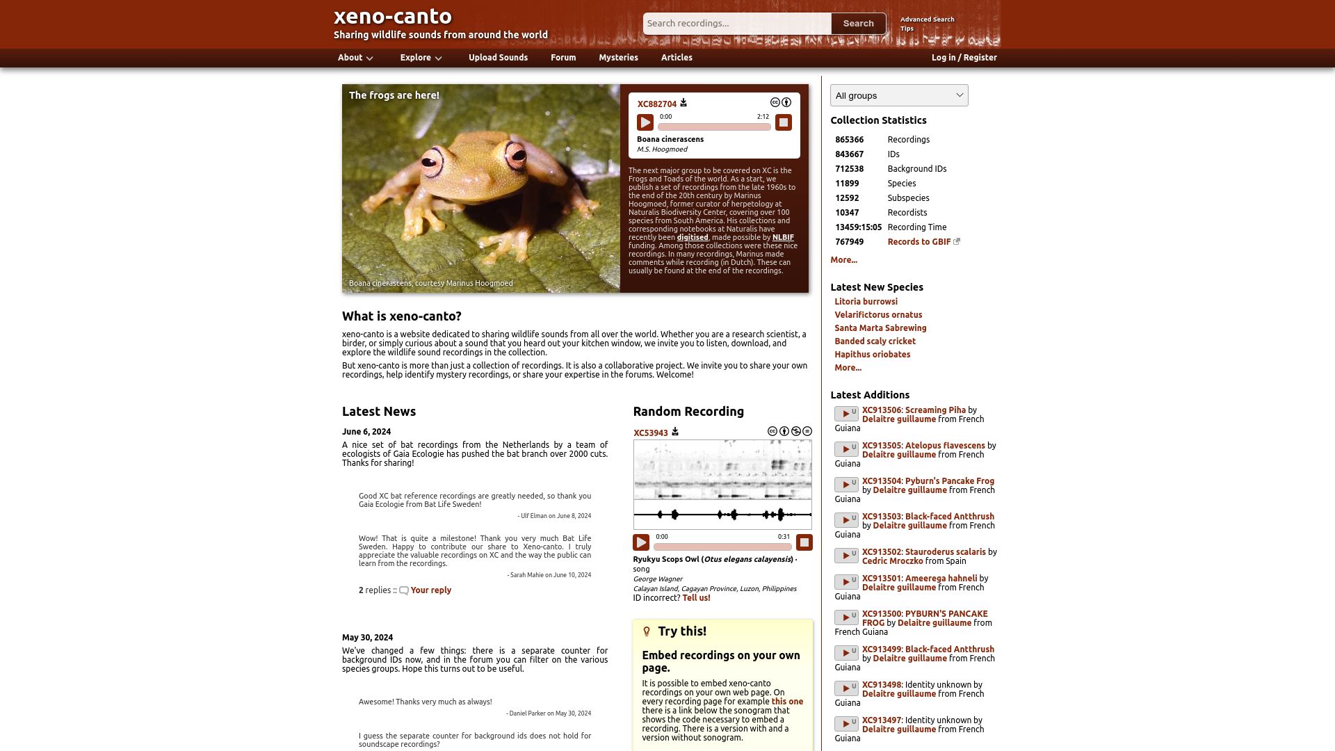 Screenshot of xeno-canto.org: Sharing wildlife sounds from all over the world