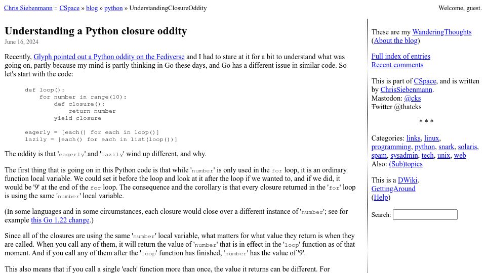 Screenshot of utcc.utoronto.ca: Understanding a Python Closure Oddity