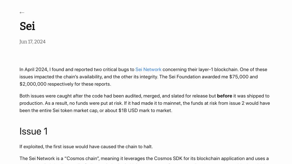 Screenshot of usmannkhan.com: Sei pays out $2M bug bounty