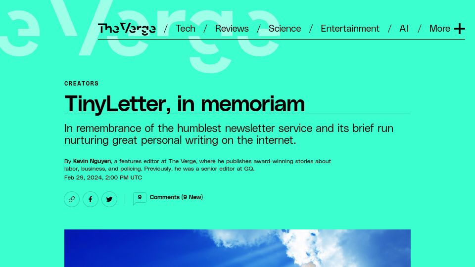 Screenshot of theverge.com: TinyLetter, in Memoriam