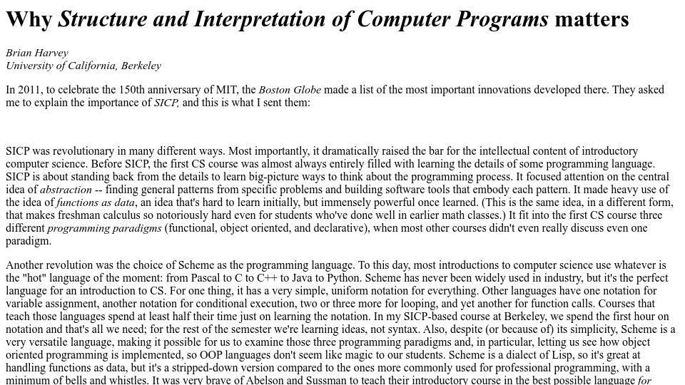 Screenshot of people.eecs.berkeley.edu: Why "Structure and Interpretation of Computer Programs" matters (2011)