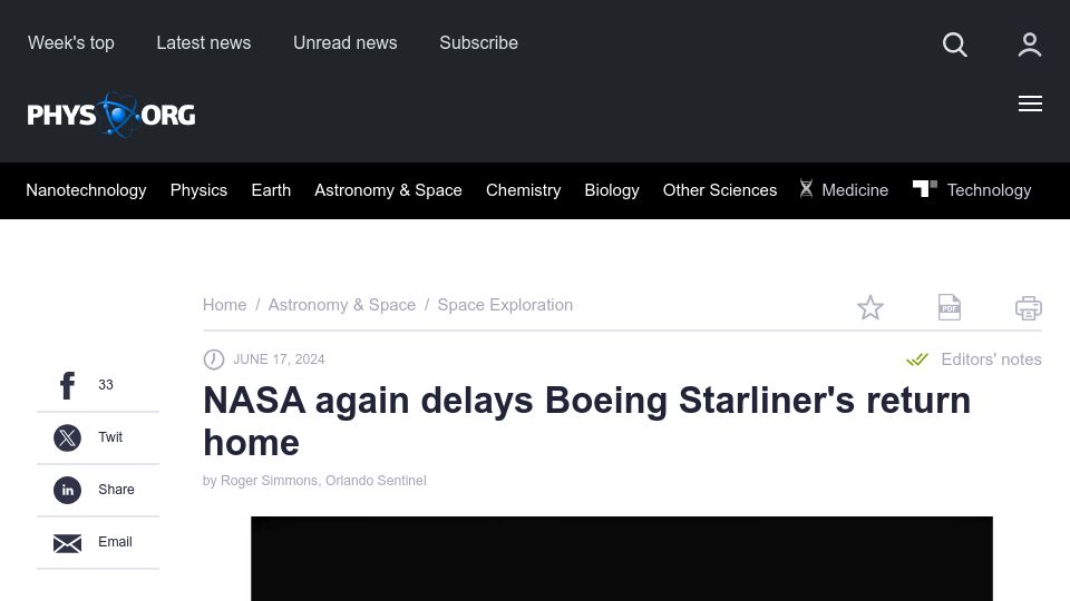 Screenshot of phys.org: NASA again delays Boeing Starliner's return home