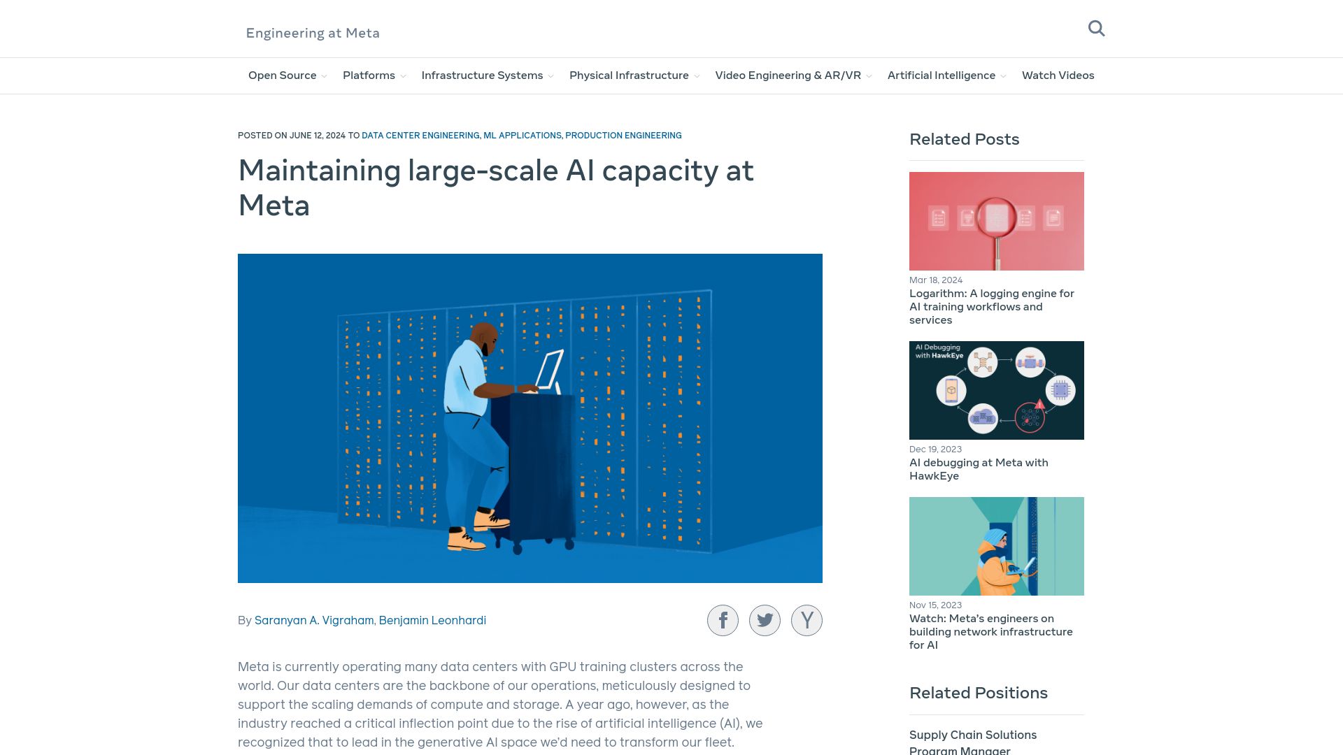 Screenshot of engineering.fb.com: Maintaining large-scale AI capacity at Meta