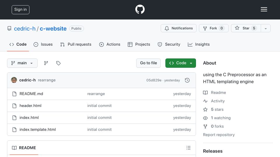 Screenshot of github.com: Using the C preprocessor as an HTML templating engine