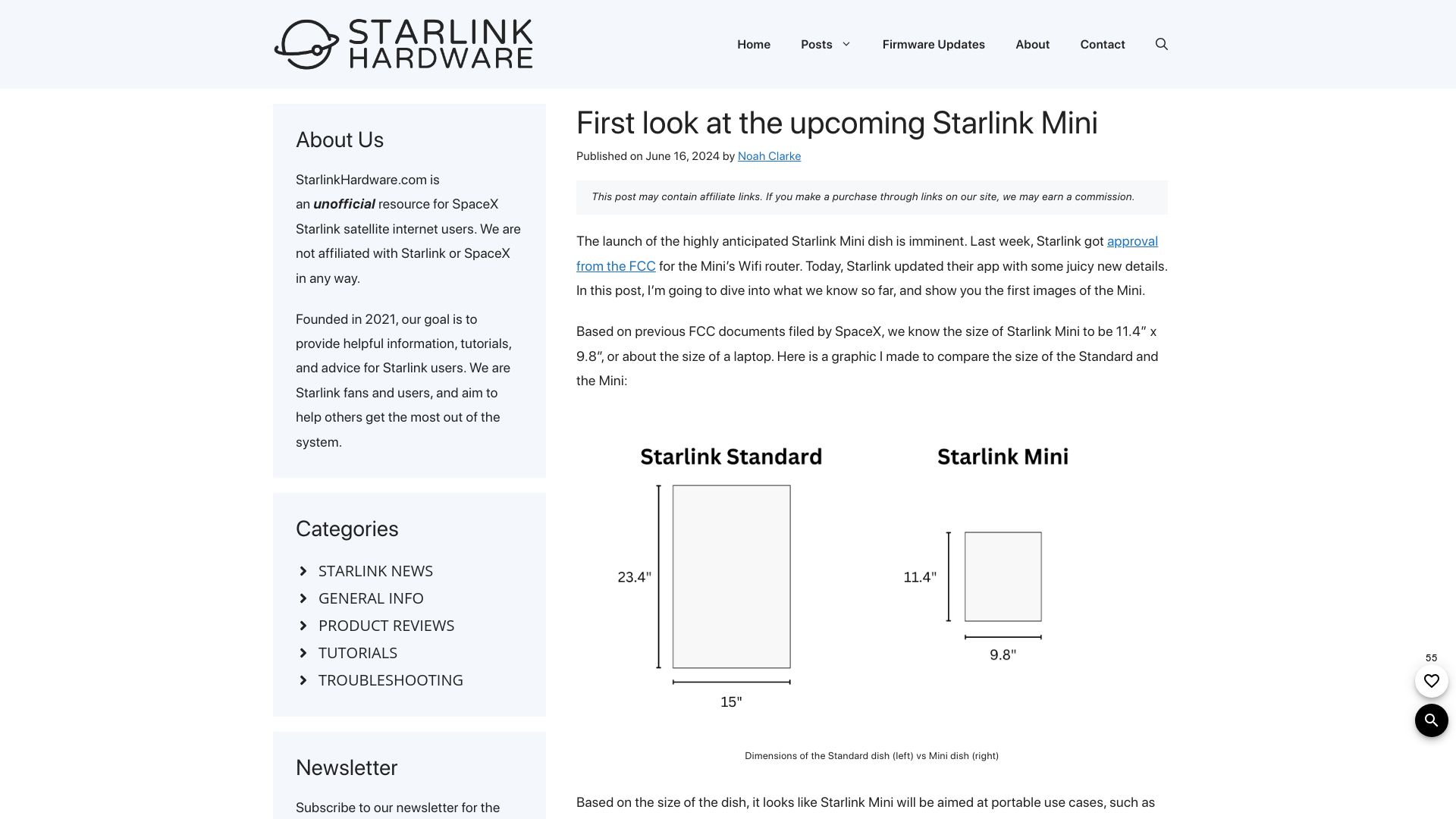 Screenshot of starlinkhardware.com: First look at the upcoming Starlink Mini