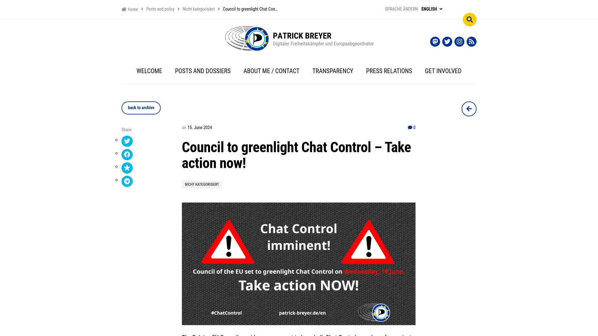 Screenshot of patrick-breyer.de: EU to greenlight Chat Control tomorrow