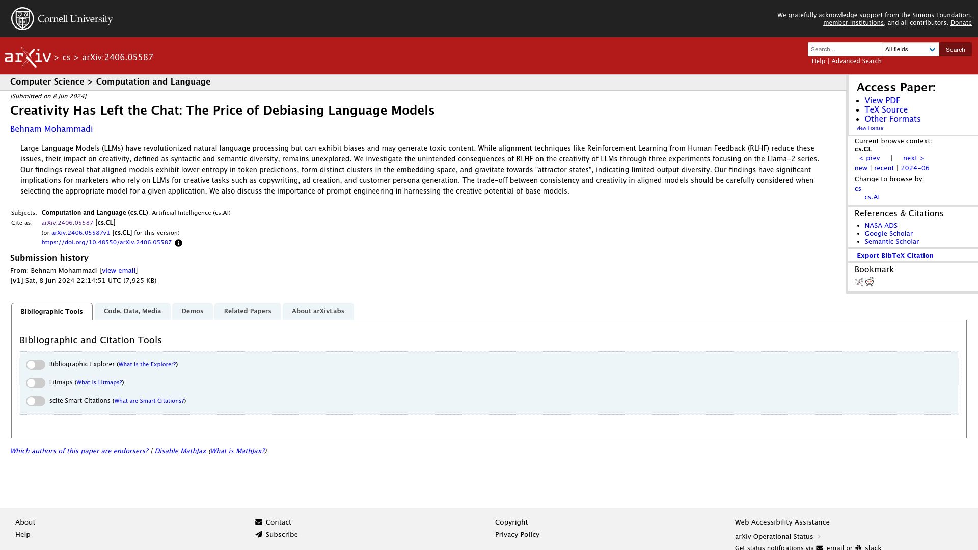 Screenshot of arxiv.org: Creativity has left the chat: The price of debiasing language models