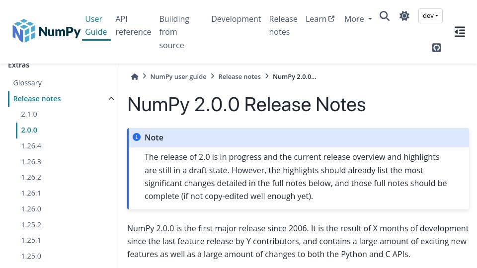 Screenshot of numpy.org: NumPy 2.0