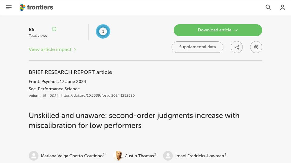 Screenshot of frontiersin.org: Unskilled and unaware: Misjudgments rise with overconfidence in low performers