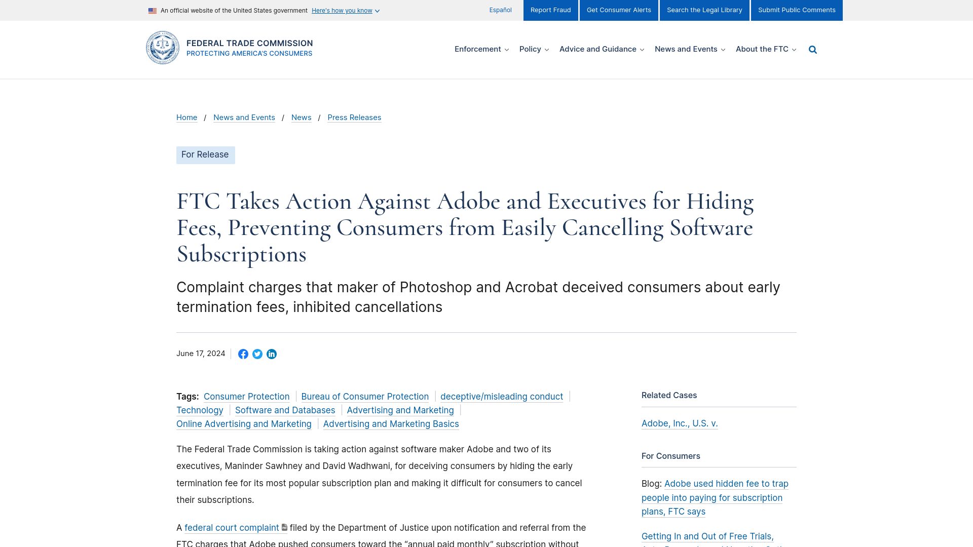 Screenshot of ftc.gov: FTC sues Adobe for hiding fees and inhibiting cancellations