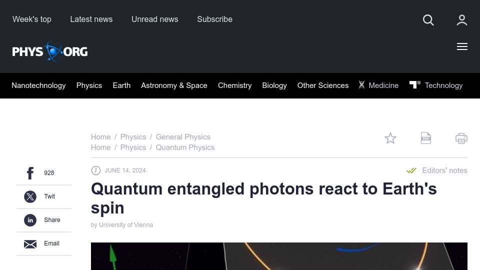 Screenshot of phys.org: Quantum entangled photons react to Earth's spin
