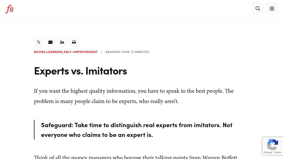 Screenshot of fs.blog: Experts vs. Imitators