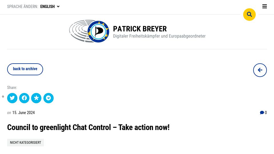 Screenshot of patrick-breyer.de: EU to greenlight Chat Control tomorrow