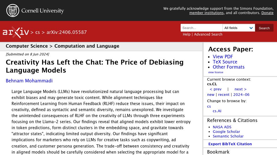 Screenshot of arxiv.org: Creativity has left the chat: The price of debiasing language models