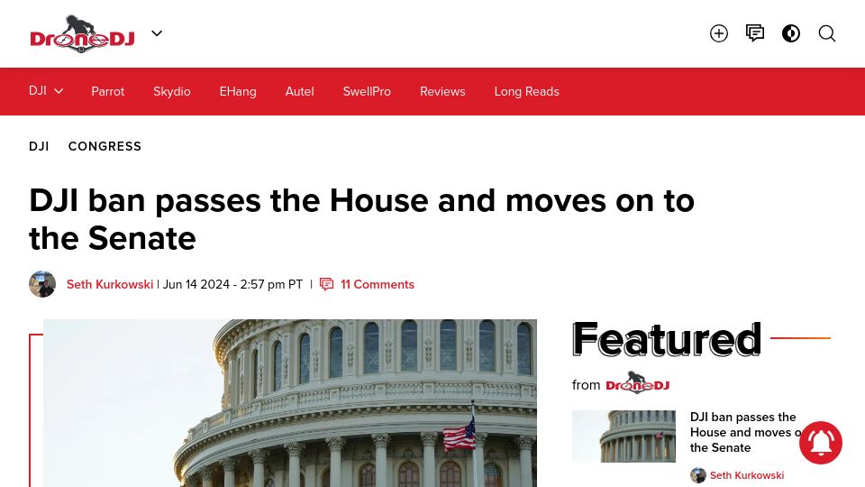 Screenshot of dronedj.com: DJI ban passes the House and moves on to the Senate
