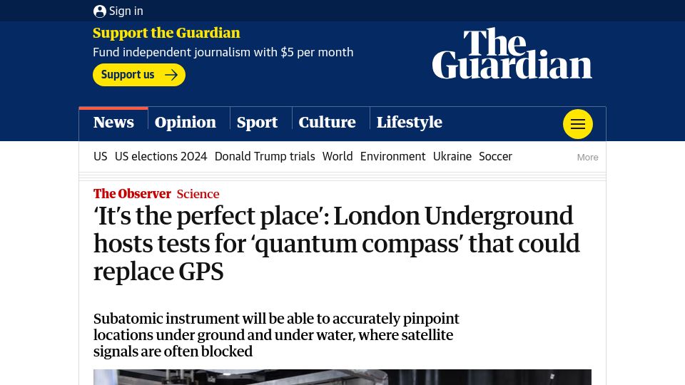 Screenshot of theguardian.com: London Underground hosts tests for 'quantum compass' that could replace GPS