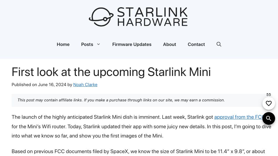 Screenshot of starlinkhardware.com: First look at the upcoming Starlink Mini
