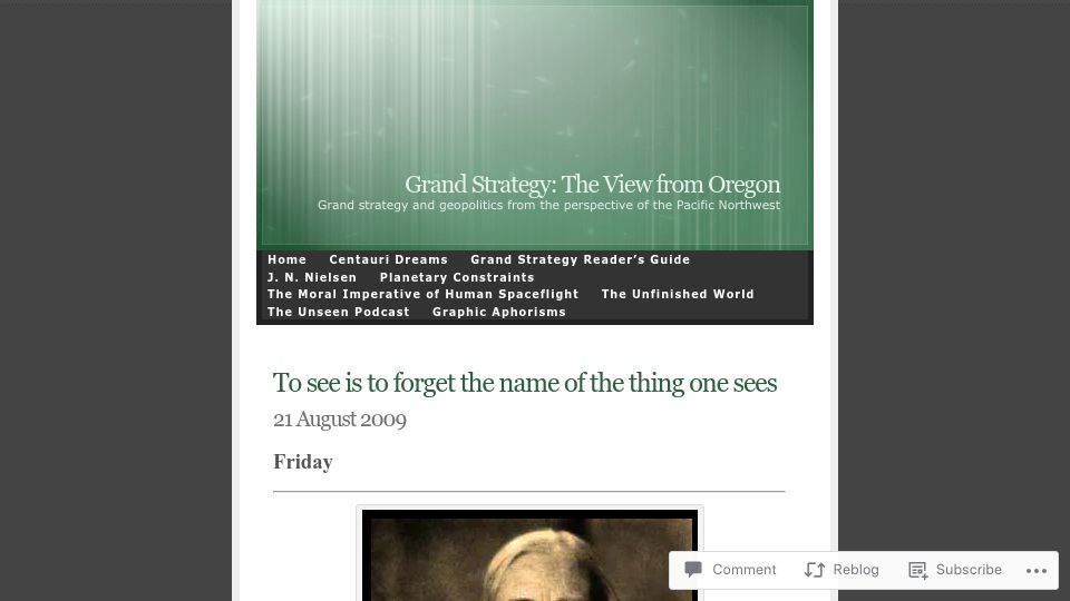 Screenshot of geopolicraticus.wordpress.com: To see is to forget the name of the thing one sees (2009)