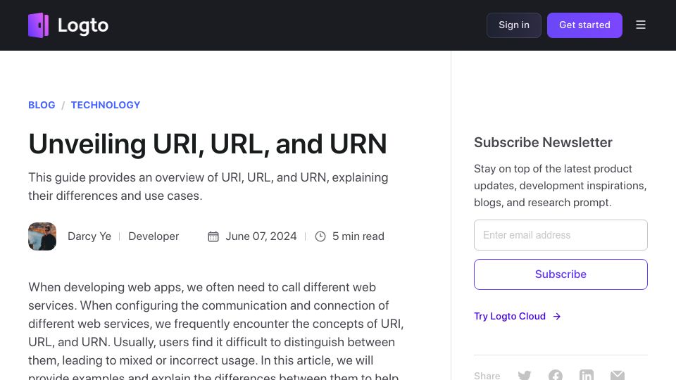 Screenshot of blog.logto.io: Unveiling URI, URL, and URN