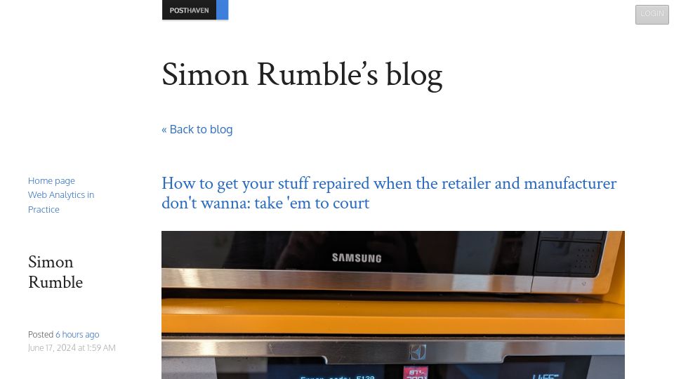 Screenshot of blog.simonrumble.com: How to get stuff repaired when the manufacturer don't wanna: take 'em to court