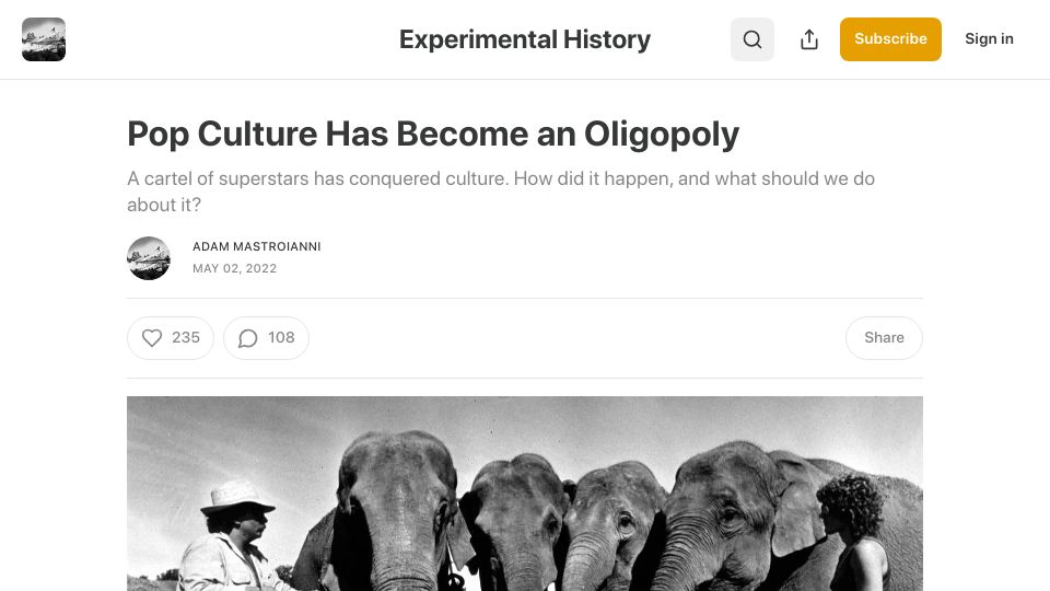 Screenshot of experimental-history.com: Pop culture has become an oligopoly (2022)