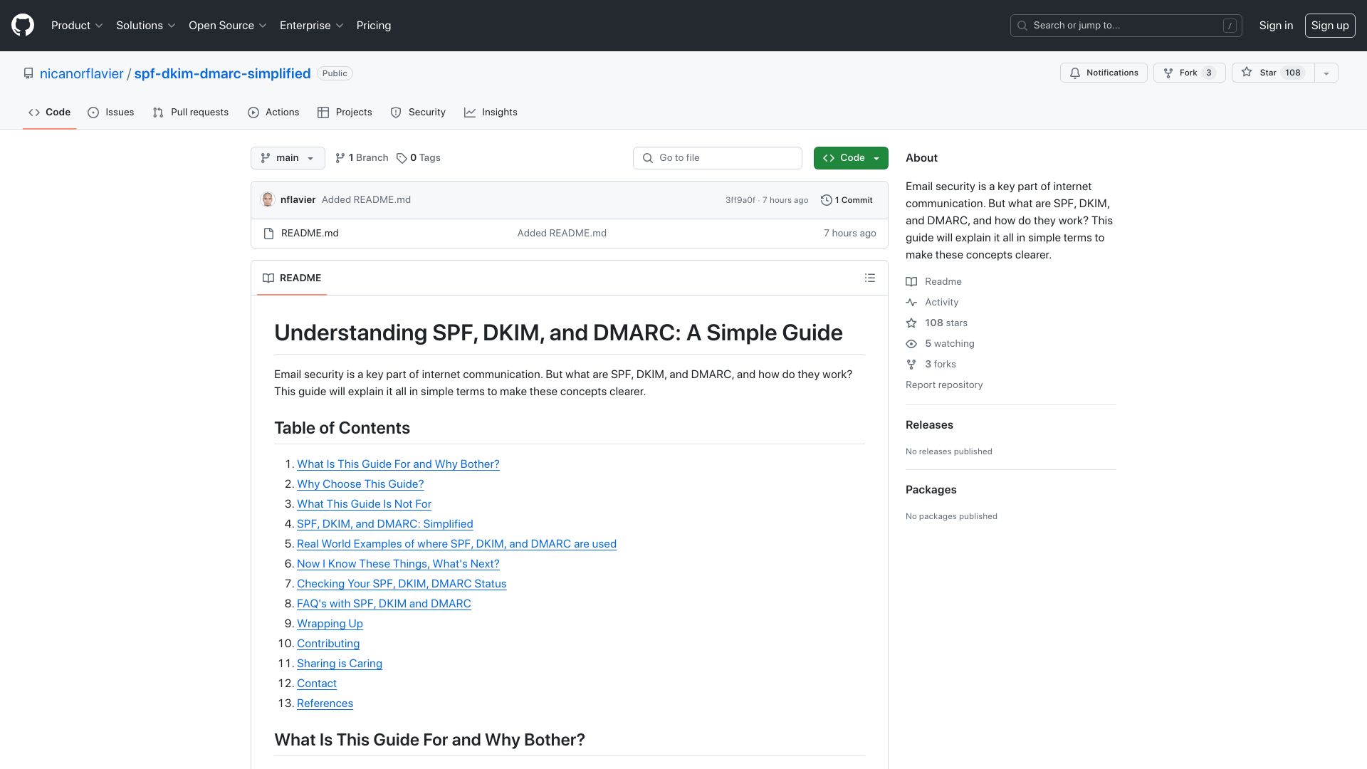 Screenshot of github.com: Understanding SPF, DKIM, and DMARC: A Simple Guide