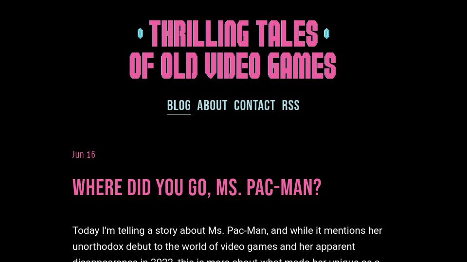 Screenshot of thrillingtalesofoldvideogames.com: Where did you go, Ms. Pac-Man?
