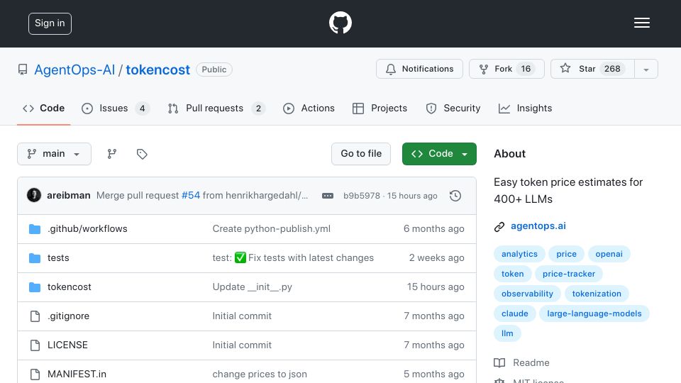 Screenshot of github.com: Show HN: Token price calculator for 400+ LLMs