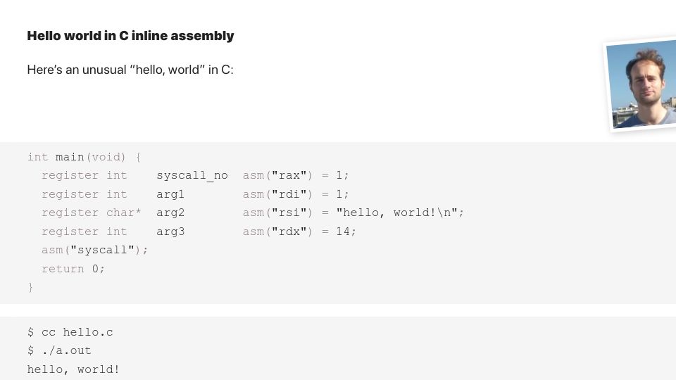 Screenshot of jameshfisher.com: Hello world in C inline assembly (2020)