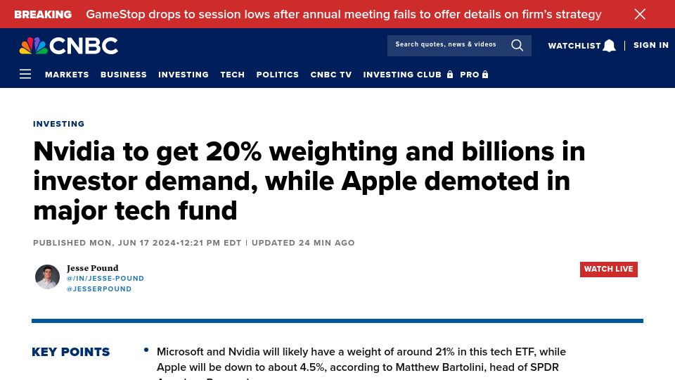 Screenshot of cnbc.com: Nvidia gets 20% weighting, more investor demand; Apple demoted in major techfund