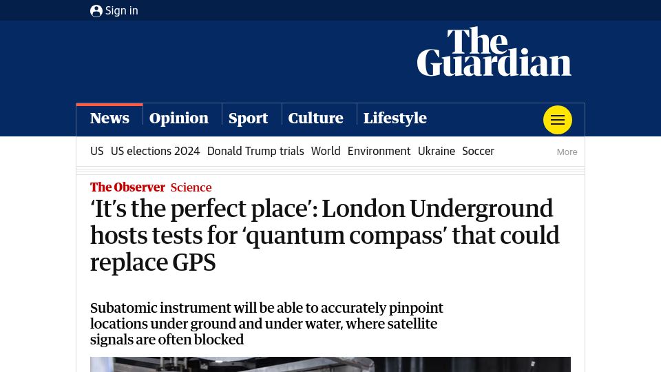 Screenshot of theguardian.com: London Underground hosts tests for 'quantum compass' that could replace GPS