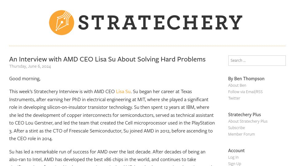 Screenshot of stratechery.com: An interview with AMD CEO Lisa Su about solving hard problems