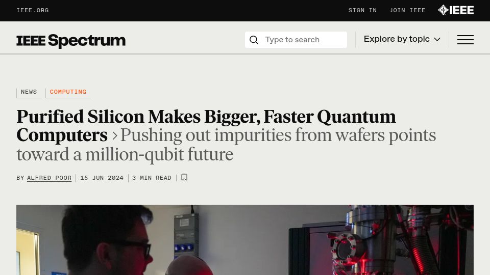 Screenshot of spectrum.ieee.org: Purified Silicon Makes Bigger, Faster Quantum Computers