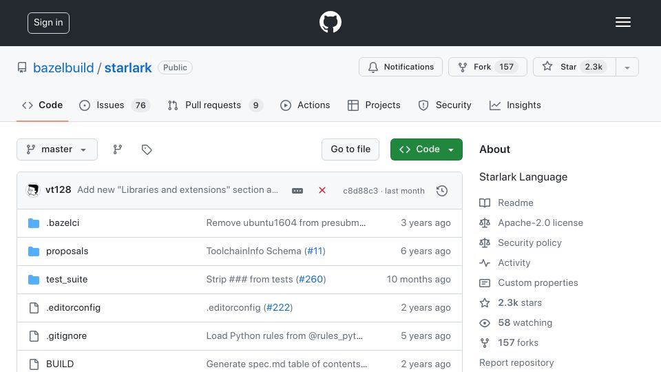 Screenshot of github.com: Starlark Language
