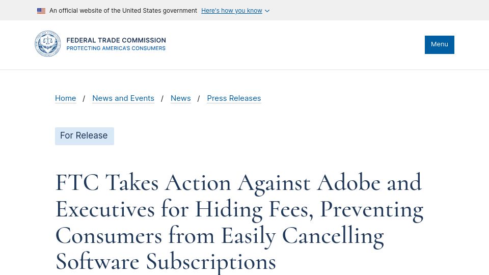 Screenshot of ftc.gov: FTC sues Adobe for hiding fees and inhibiting cancellations