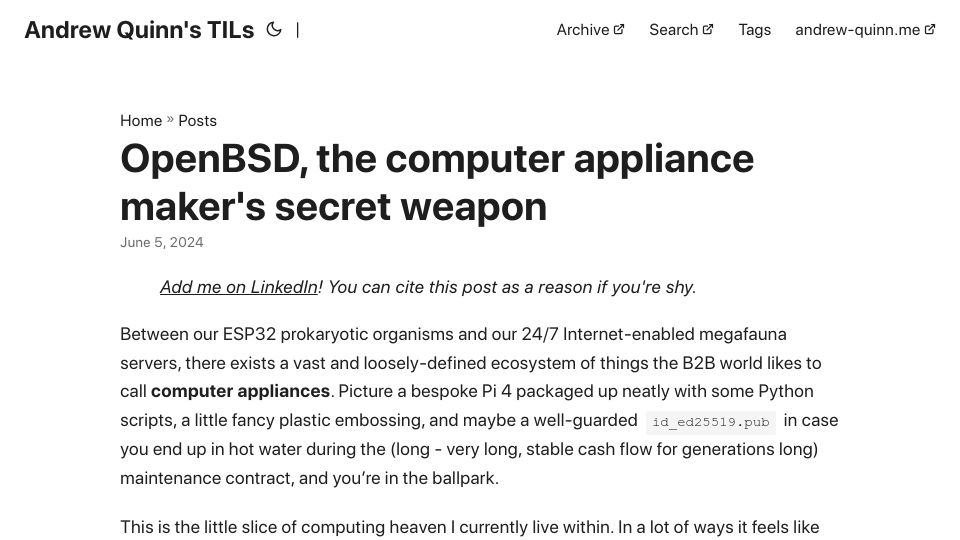 Screenshot of hiandrewquinn.github.io: OpenBSD, the computer appliance maker's secret weapon
