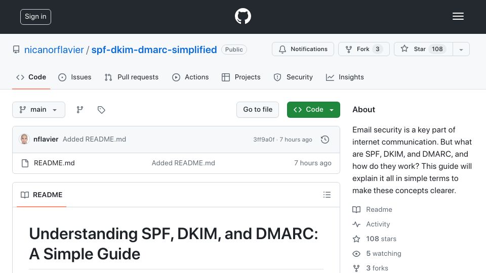 Screenshot of github.com: Understanding SPF, DKIM, and DMARC: A Simple Guide