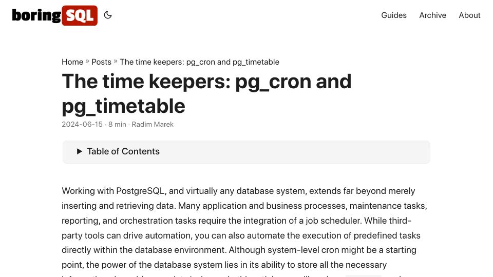 Screenshot of notso.boringsql.com: The time keepers: pg_cron and pg_timetable