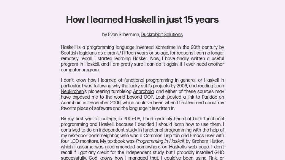 Screenshot of duckrabbit.tech: I learned Haskell in just 15 years