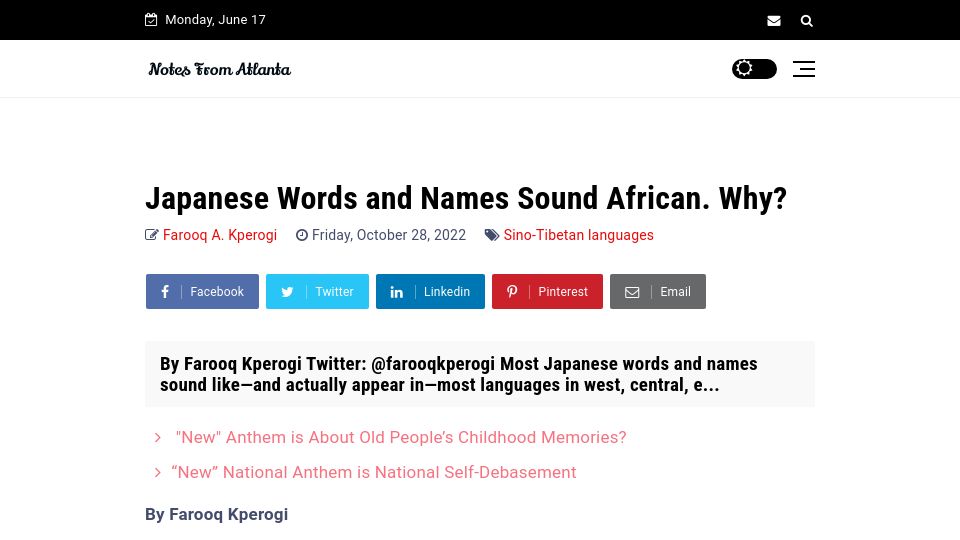 Screenshot of farooqkperogi.com: Japanese words and names sound African (2022)