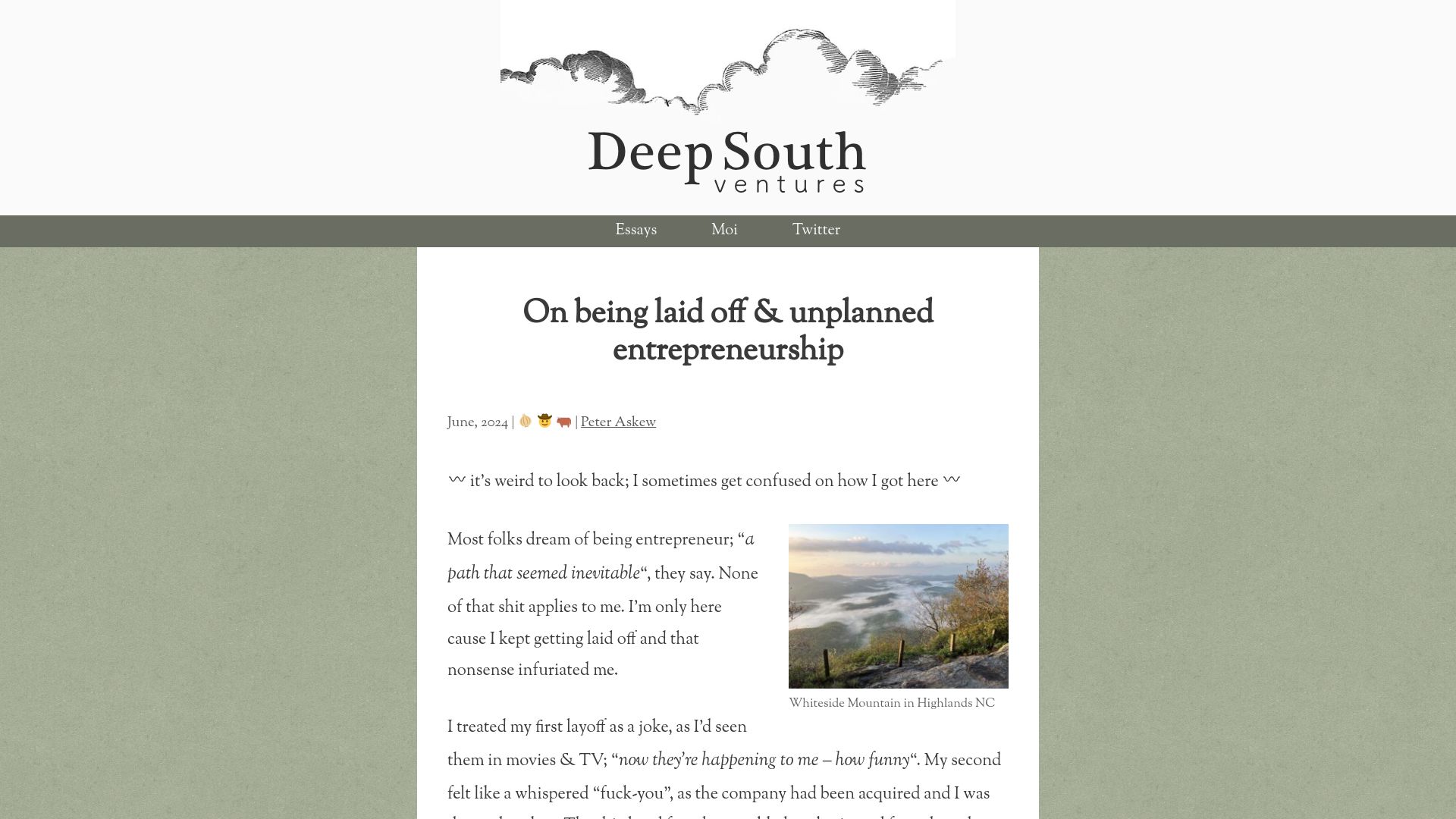 Screenshot of deepsouthventures.com: Being laid off and unplanned entrepreneurship