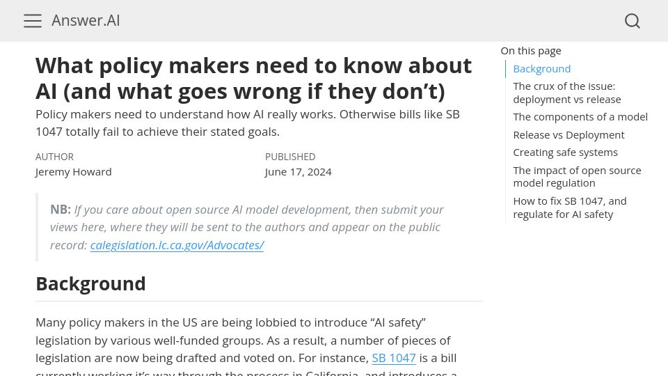 Screenshot of answer.ai: What policy makers need to know about AI